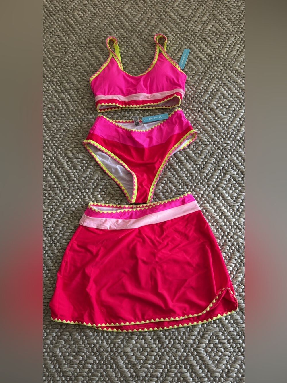 Women's Bright Pink Swim Set with Skirt - Three-Piece Bikini & Skirt NWT
